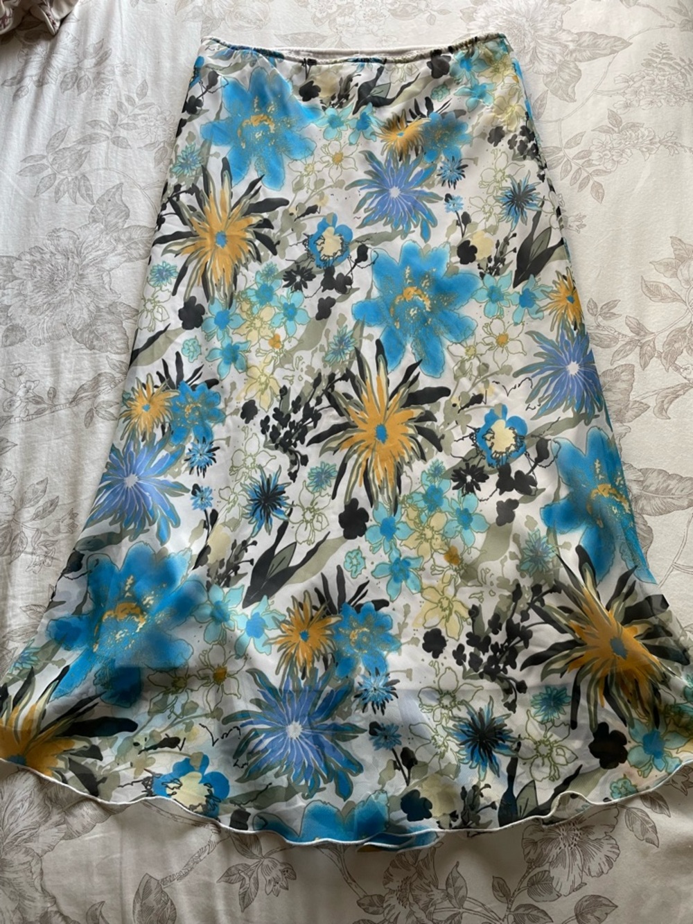 Vintage White Blue Watercolor Floral Pull On Midi Skirt Large Fairycore 90s Chic
